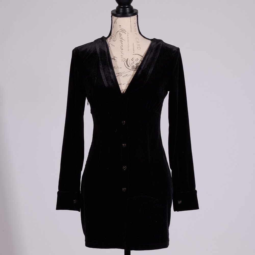 CIDER V NECK HEART BUTTON UP VELVET BLACK DRESS